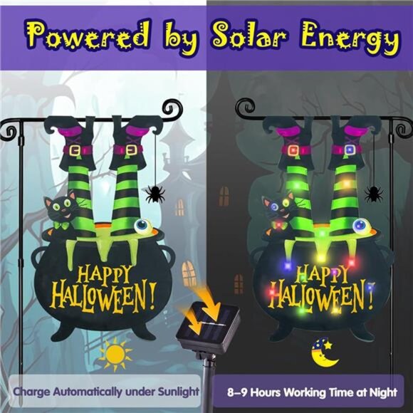Halloween Lighted Garden Flag Led Solar Yard Flag 8 Modes Witch Feet Outdoor - Picture 2 of 7